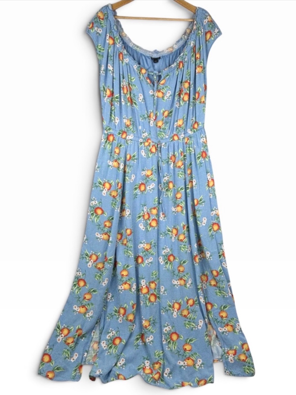 Torrid Blue & All Over Orange Citrus Print Woven Double Slit Maxi Dress 2 2X